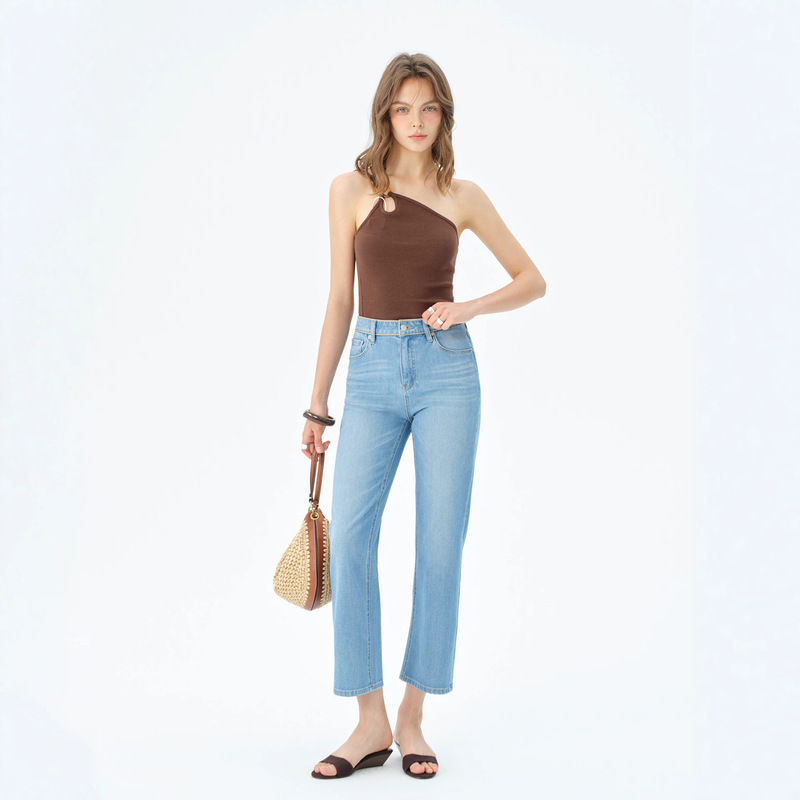 Mbb Two-Color Four-Way Stretch Cool Thin Cropped Narrow Straight-Leg Jeans for Women, Summer Old Money Style, Lyocell