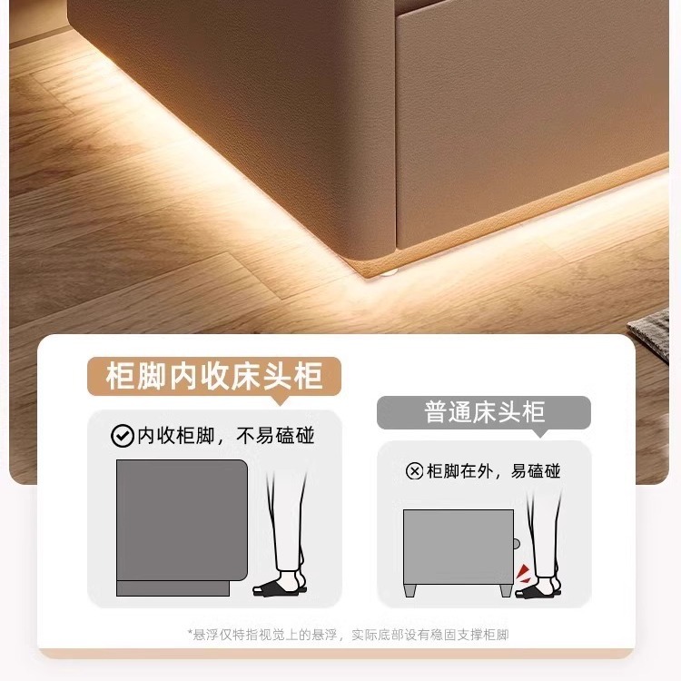 床頭櫃帶鎖奶油風臥室簡約現代輕奢高級感智能感應燈床邊收納柜子