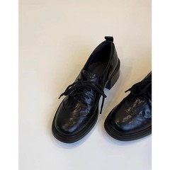 现货秒发~英伦复古真皮圆头系带乐福鞋通勤百搭粗跟小皮鞋女单鞋