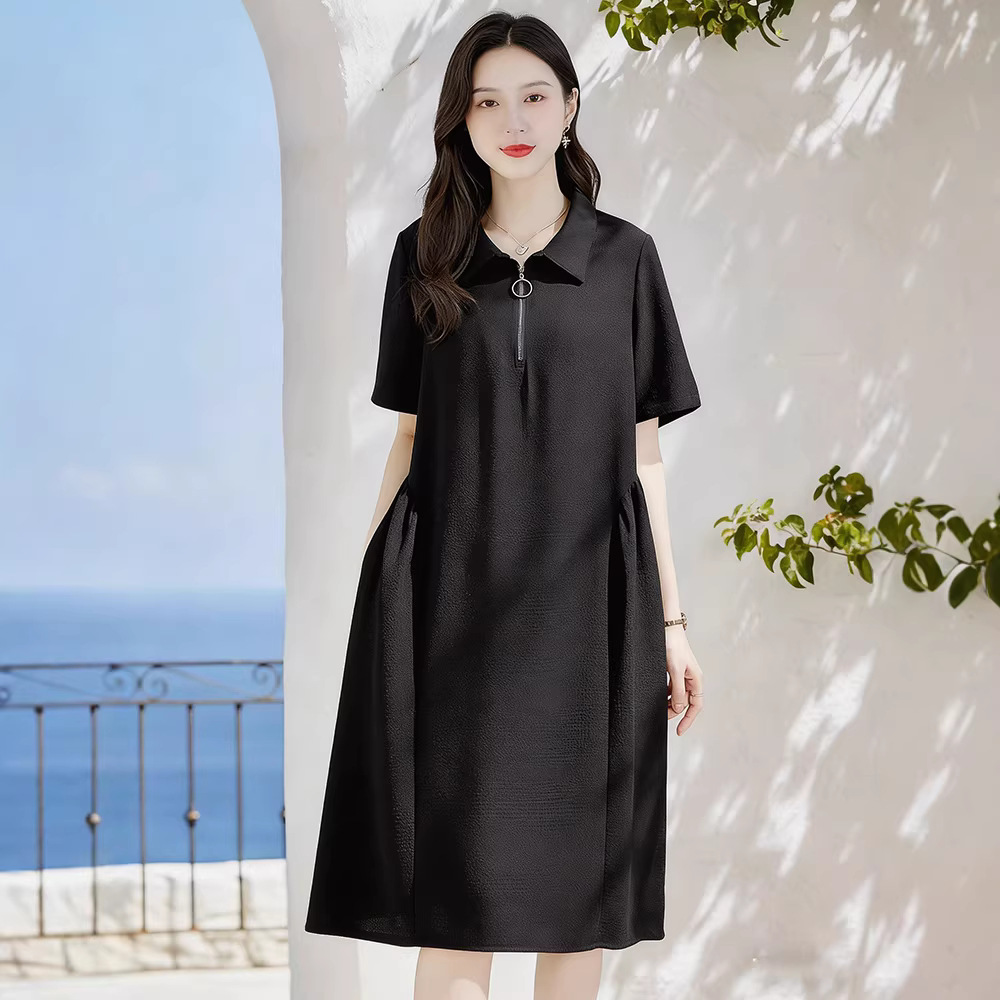 2024 Summer New Casual Polo Dress with Lapel and Zipper, Short Sleeve, Loose Fit, Plus Size, Suitable for Curvy Women
