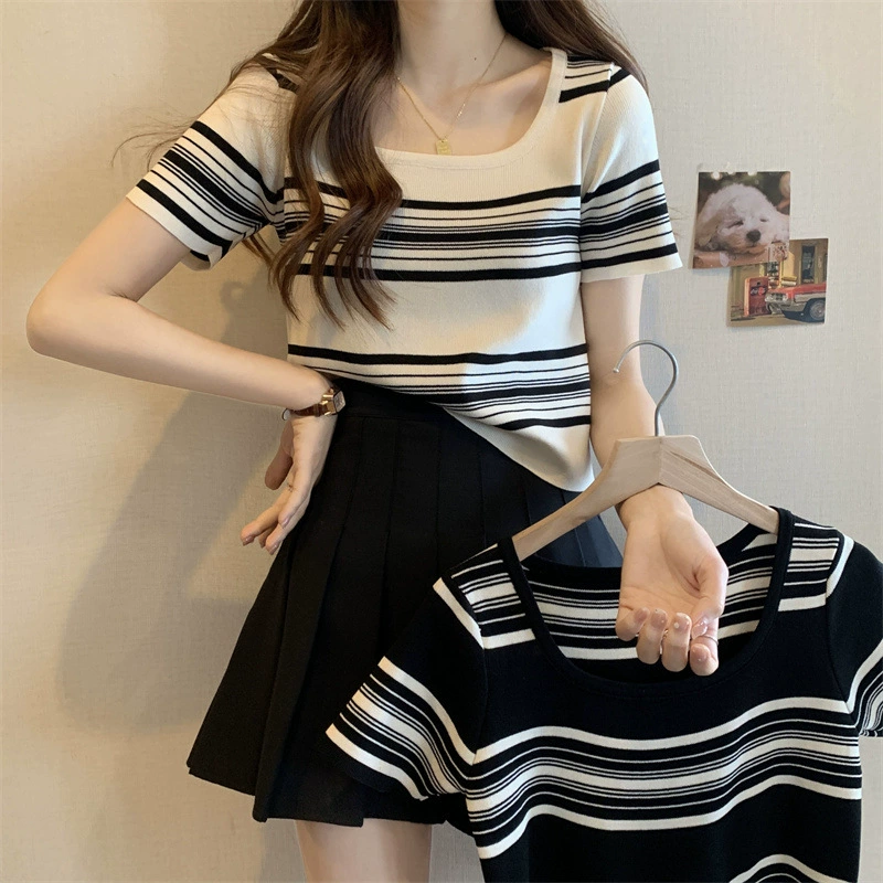 Летняя одежда 2025: новый женский топ в французском стиле, короткий рукав, квадратный вырез, полосатый трикотаж, для студенток