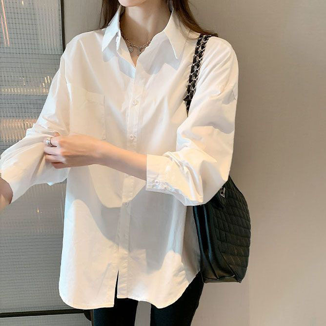 Polo Collar Long-sleeved White Shirt Women's Autumn New Korean Style Loose All-match Casual Elegant Cardigan Top for Outer Wear