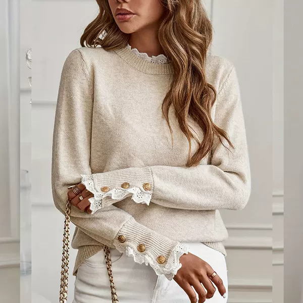 Amazon Independent Site Patchwork Lace Trim Knit Top European and American Cross-Border Trade Round Neck Long-Sleeve Pullover Sweater