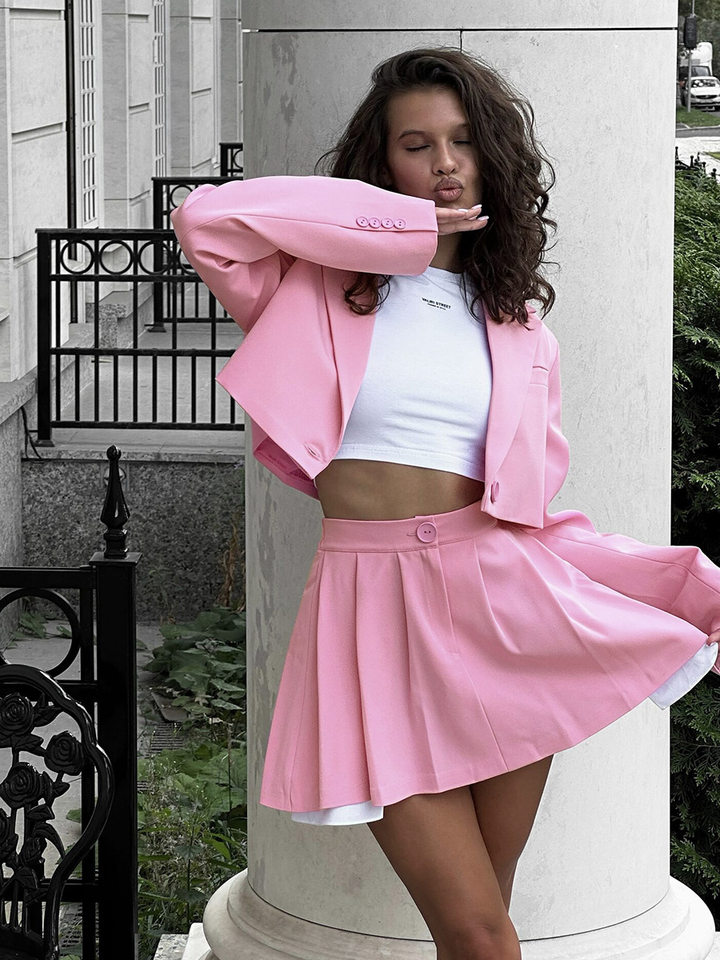 Bộ vest blazer dáng ngắn cổ ve áo kèm chân váy siêu ngắn dài tay — Màu hồng, Màu hồng nhạt, Màu đen, Tất cả các màu đều có trong kho, size L trọng lượng: 670g chi tiết 21