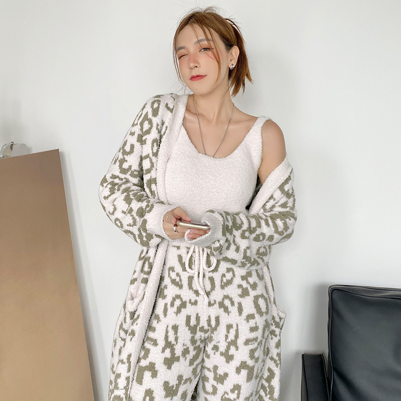 Three-piece Set Of Warm European And American Leopard Print Royal Sister Style Pajamas Women's Autumn And Winter Cardigan Wool Knitting Can Be Worn As Home Clothes