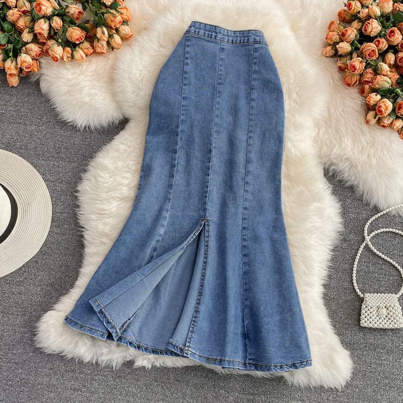 Long elastic summer fitted denim skirt