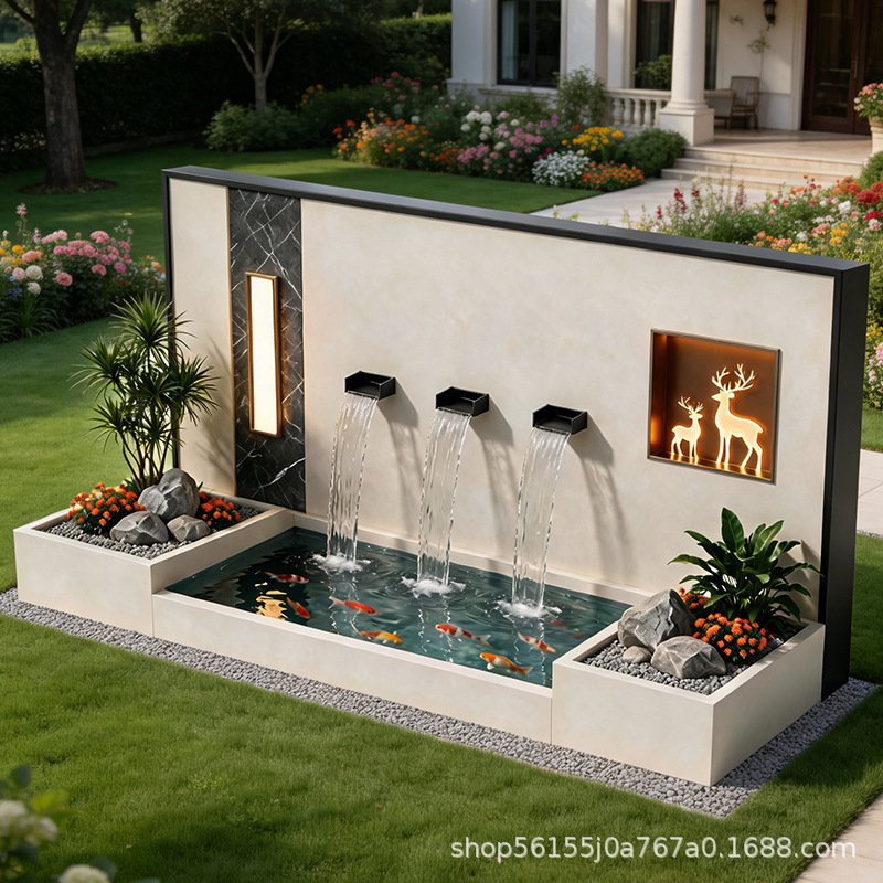 Aluminum alloy cascading water feature, outdoor courtyard screen, tiered waterfall, flower box, water pool combination, and illuminated decorative water curtain Aluminum alloy cascading water feature, outdoor courtyard screen, tiered waterfall, flower box, water pool combination, and illuminated decorative water curtain