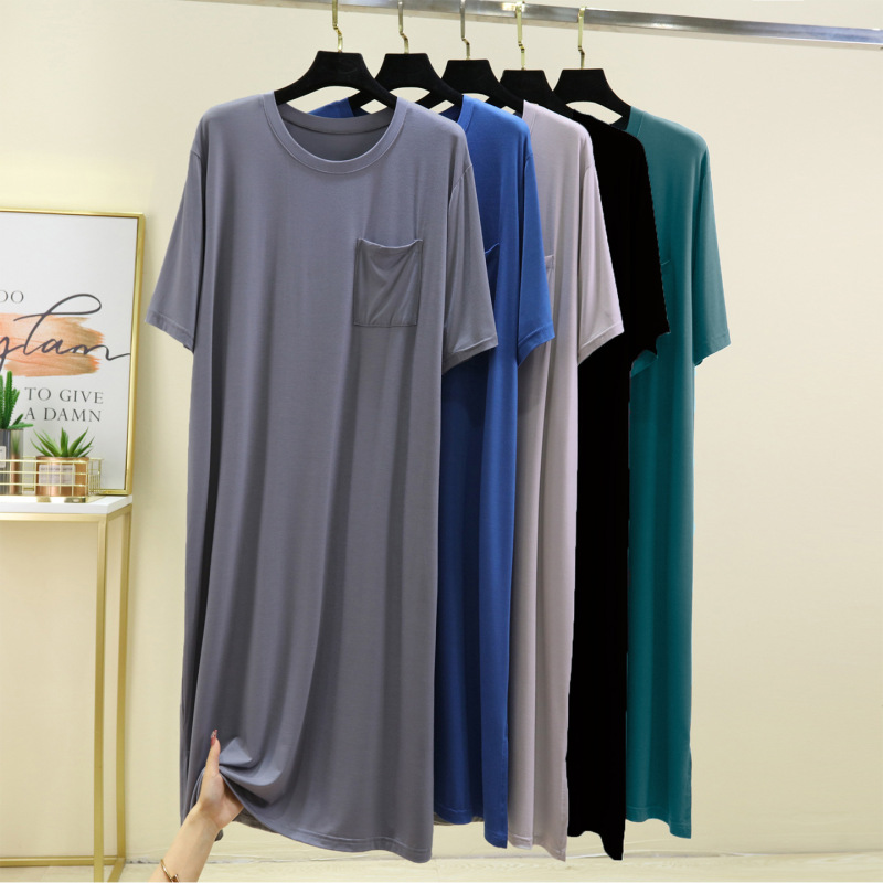 Men's Nightgown Modal Nightgown Large Size Bathrobe Summer Thin Loose Short-Sleeved Dressing Gown Mid-Length Pajamas