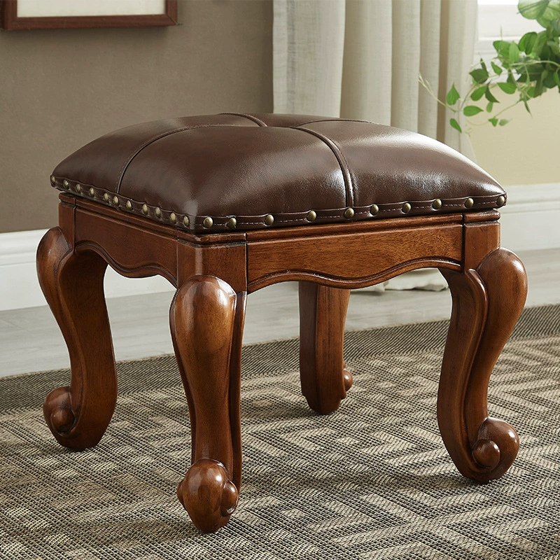 Квадратный табурет в американском стиле, низкий табурет для домашнего использования, табурет для переобувания из цельного дерева, винтажный журнальный столик для гостиной, кожаная скамейка для дивана, небольшой табурет в европейском стиле.