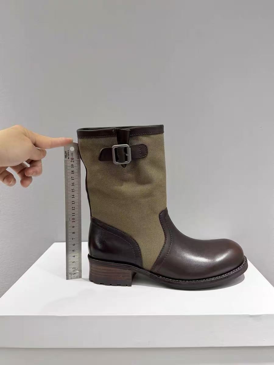 4cm Lift Buckle Detail Round Toe Chunky Heel Riding Boots For Women - Stackable Mid-Calf Boots Distinctive Buckle Accent_vogvips.com