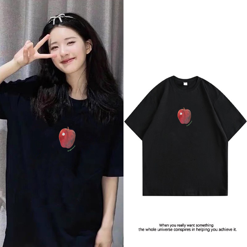 Source Factory Apple Print Short-Sleeved Cotton T-Shirt Women's French Niche Cross-Border Export Dropshipping