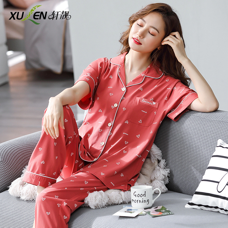 Pijamas de verano para mujer 100% pantalones de manga corta de algodón ropa para el hogar verano para mujer talla grande más delgada primavera y verano traje de dos piezas