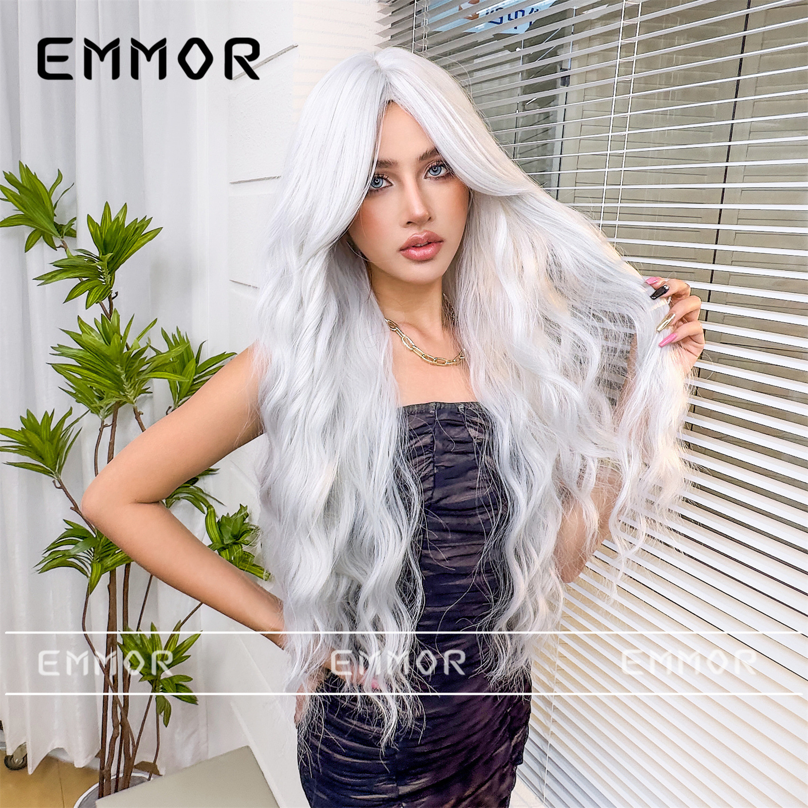 Suministro transfronterizo venta caliente de ocho caracteres flequillo reparación facial blanco plateado gran ola larga y rizada peluca de celebridades de Internet europea y americana