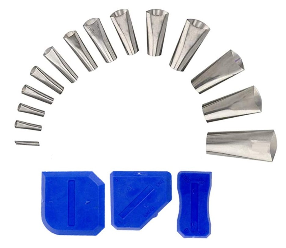 亚马逊不锈钢胶嘴17件套除胶美缝刮板玻璃胶门窗填缝胶嘴铲胶器