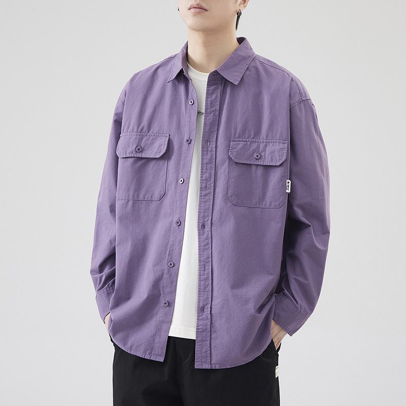 Japanese style workwear shirt men's spring and autumn purple cotton retro long sleeve loose pocket shirt versatile casual jacket