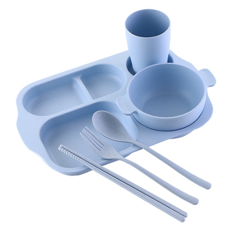 Plato de rejilla de jardín de infantes de trigo juego de seis piezas palillos resistentes a caídas tenedor cuchara taza tazón de arroz traje de vajilla para niños