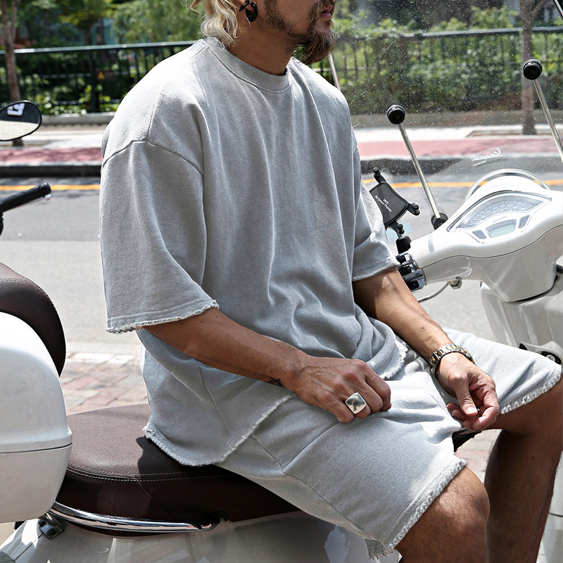 427g Weight Short Sleeve Sleeve Length Cotton Blend Fabric Type Shorts Sets Sets Type 2 Pieces Set Quantity Sports Occasion Round Neck Neckline Regular Fit Fit Type Solid Color Pattern Summer, Spring Season Men's Gender Casual Style Men's Solid Color Shorts Sets Men's Clothing 8
