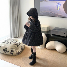 2025女童秋甜美藏蓝色碎花双面穿中长款休闲风衣抽绳花朵连帽外套