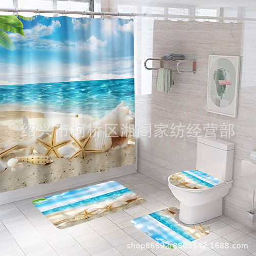 Bathroom curtain polyester 3D printed shower curtain waterproof shower curtain starfish scenery shower curtain set anti-slip mat four-piece set
