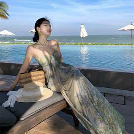 2025高级设计感绝美吊带连衣裙女夏网纱印花气质显瘦长款海边度假