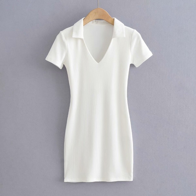 lapel v neck short sleeve slim solid color dress NSXDX117523