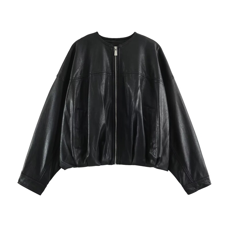 New European and American style, fashionable and elegant women’s clothing: leather-effect puff-sleeve bomber jacket 3046045 New European and American style, fashionable and elegant women’s clothing: leather-effect puff-sleeve bomber jacket 3046045