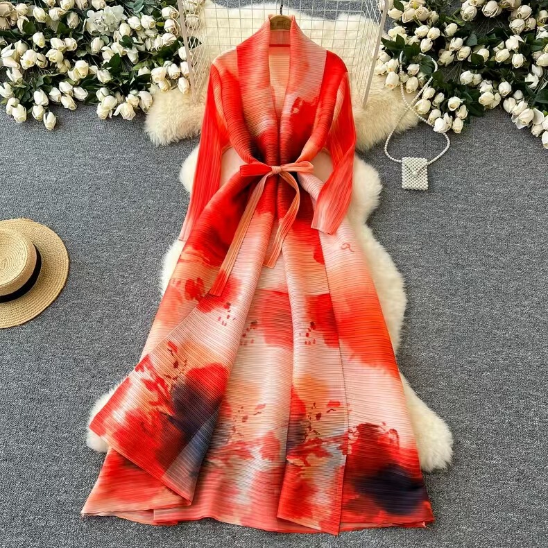 European and American-style Loose dress Women's Fashion Western Style All-match Lapel Waistband Mid-length Pleated Printed Jacket European and American-style Loose dress Women's Fashion Western Style All-match Lapel Waistband Mid-length Pleated Printed Jacket
