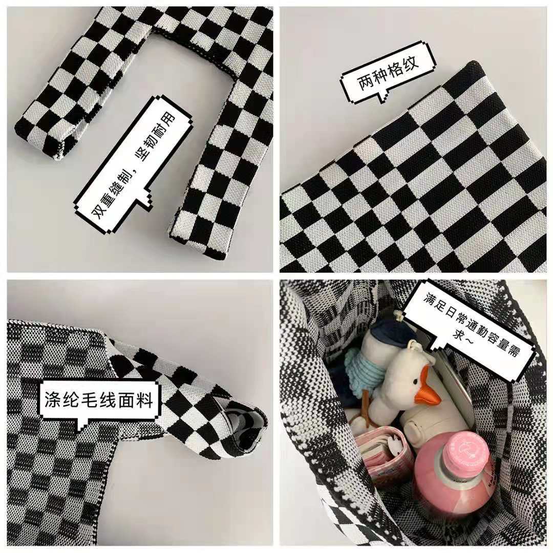 2021 Tablero de chessboard transfronterizo japonés y coreano Bolso de hombro de punto de color de contraste a cuadros Bolso tejido Bolso de hombro para las mujeres