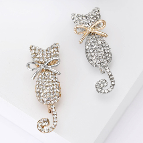 Korean style fashionable exquisite bow rhinestone cat brooch creative cute animal pin versatile clothing accessories