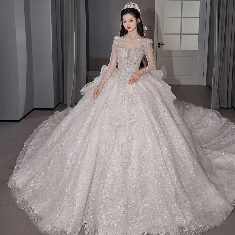Vestido de novia de encaje de lujo para la novia, nuevo modelo 2026, vestido de manga larga para mujeres embarazadas de talla pequeña y grande, con elaborada artesanía D109.