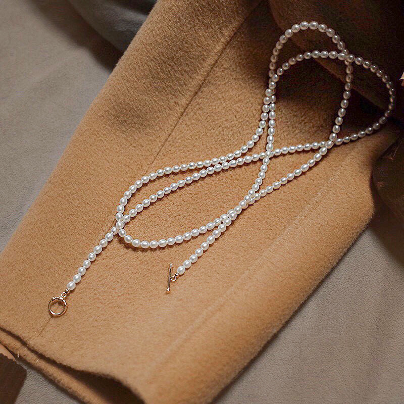 法式复古淡水珍珠项链女小众设计感14k注金OT扣毛衣链ins长款