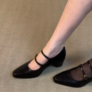 法式复古方头玛丽珍女鞋真皮粗跟双扣带通勤百搭气质小皮鞋单鞋女