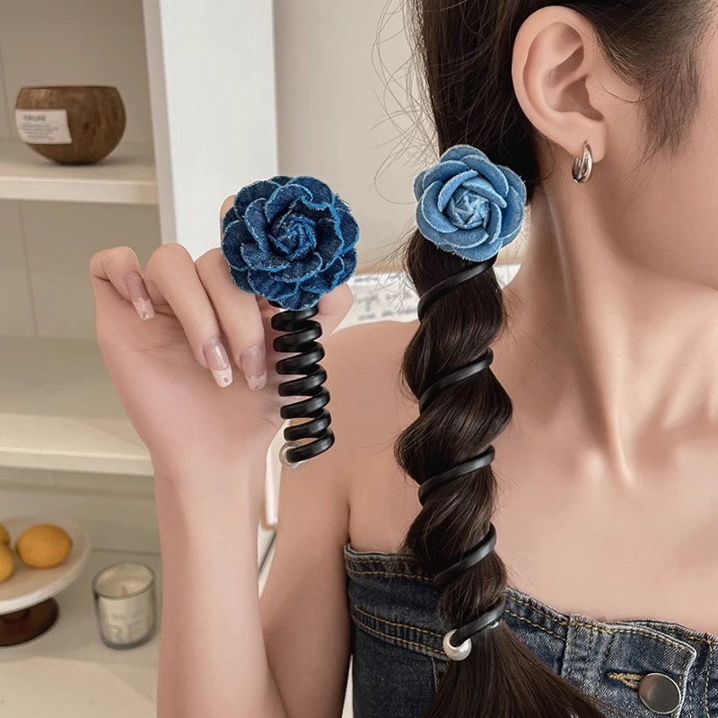 Temperamento de verano vaquero azul flor línea telefónica bucle de cabello de alta calidad 2025 nuevo cabello de burbuja trenza atado artefacto de cabello