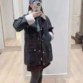 冬季新款bar女士油蜡夹克长款时尚百搭简约个性保暖格纹外套跨境