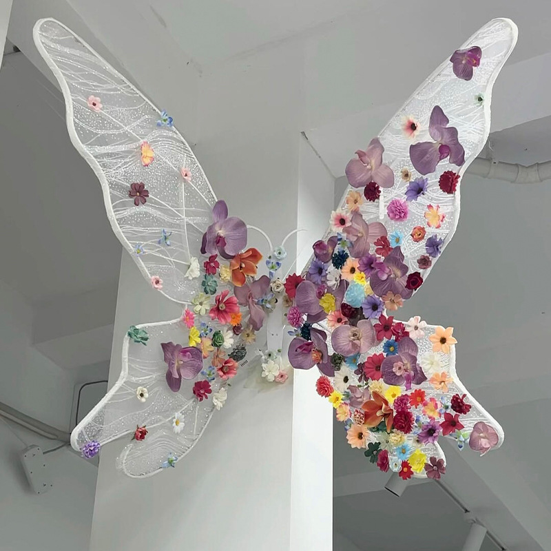 Flores hechas a mano alas de mariposa lámpara decorativa de bricolaje diseño de atmósfera colgante techo de pared colgante soporte de hierro forjado accesorios de decoración