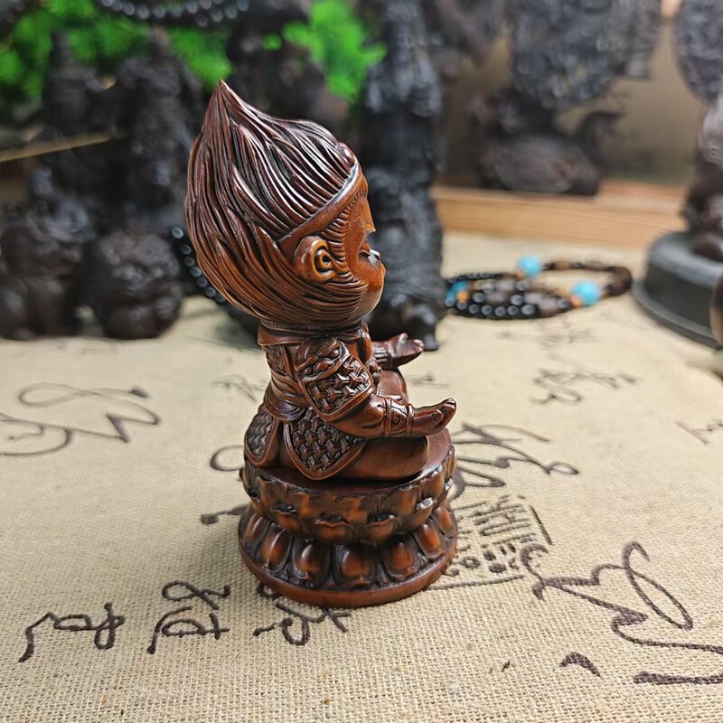 旧藏小叶黄杨木雕斗战圣佛手把件孙悟空齐天大圣木质汽车装饰摆件|undefined