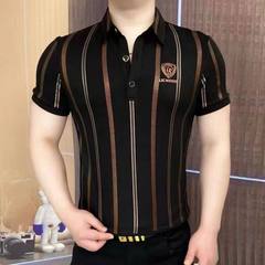 生放送人気の夏半袖ポロシャツ、ファッショナブルで軽い高級感、欧州版の若者と中年の横暴な社長ストライプラペルトップ