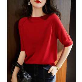 韩国2025春夏红色针织衫洋气减龄薄款宽松短袖上衣气质T恤女短款