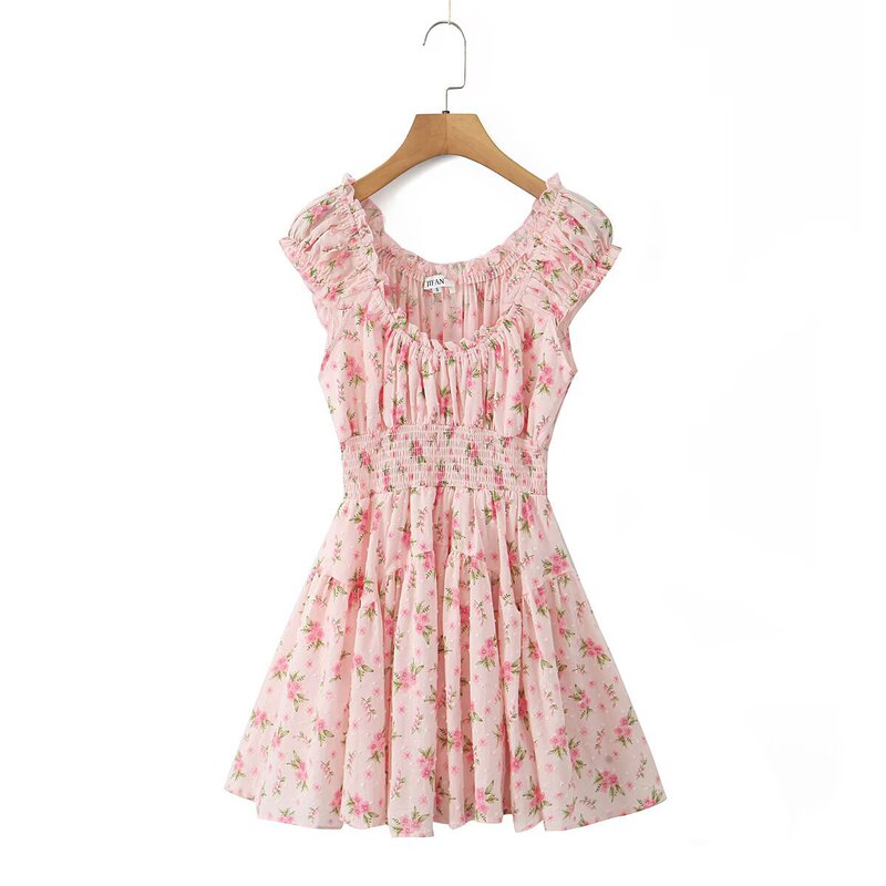 Ypff Trendy Women's Fashion French Retro Off-Shoulder Waist-Cinching Floral Dress with Ruffled Edges, Pastoral Style Pink Dress for Young Girls