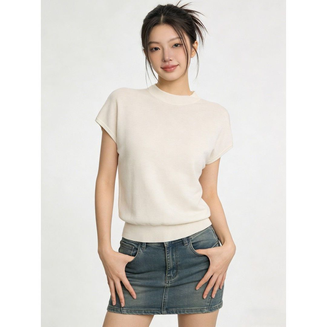 Versatile Half-Turtleneck Soft Knit T-Shirt for Women, New 26-Style Summer Simple and Elegant Solid Color Short-Sleeve T-Shirt Top, Thin