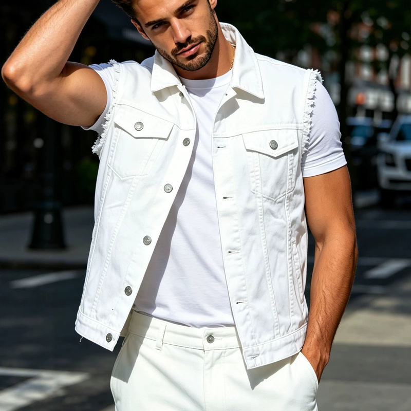 Hme European and American Men's Denim Jacket Trendy Brand High Street Versatile Sleeveless Pure Cotton Vest Fringed Jacket Exclusively for Cross-Border Sales