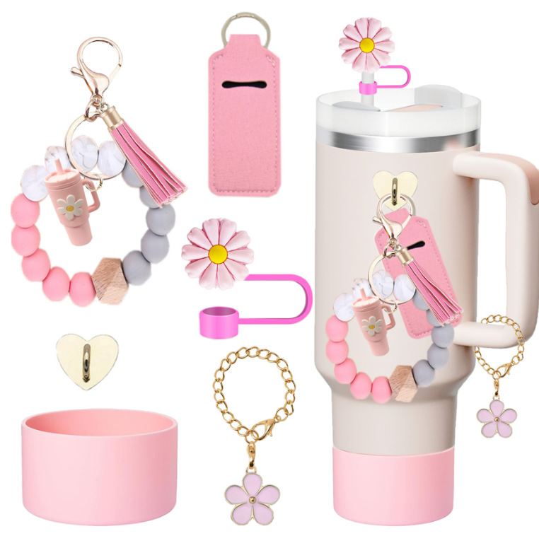 Amazon taza de calor cuentas brazalete llavero botella de agua colgante margarita gorra de paja flor colgante taza cubierta