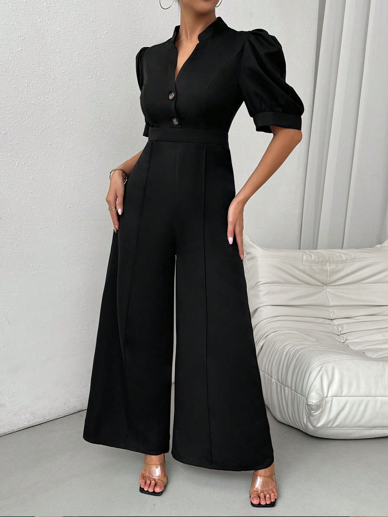 Amazon comercio exterior transfronterizo primavera y otoño v-cuello europeo y americano pantalones de camisa de mujer de cintura de manga corta pantalones de piernas anchas estilo de trabajo delgado