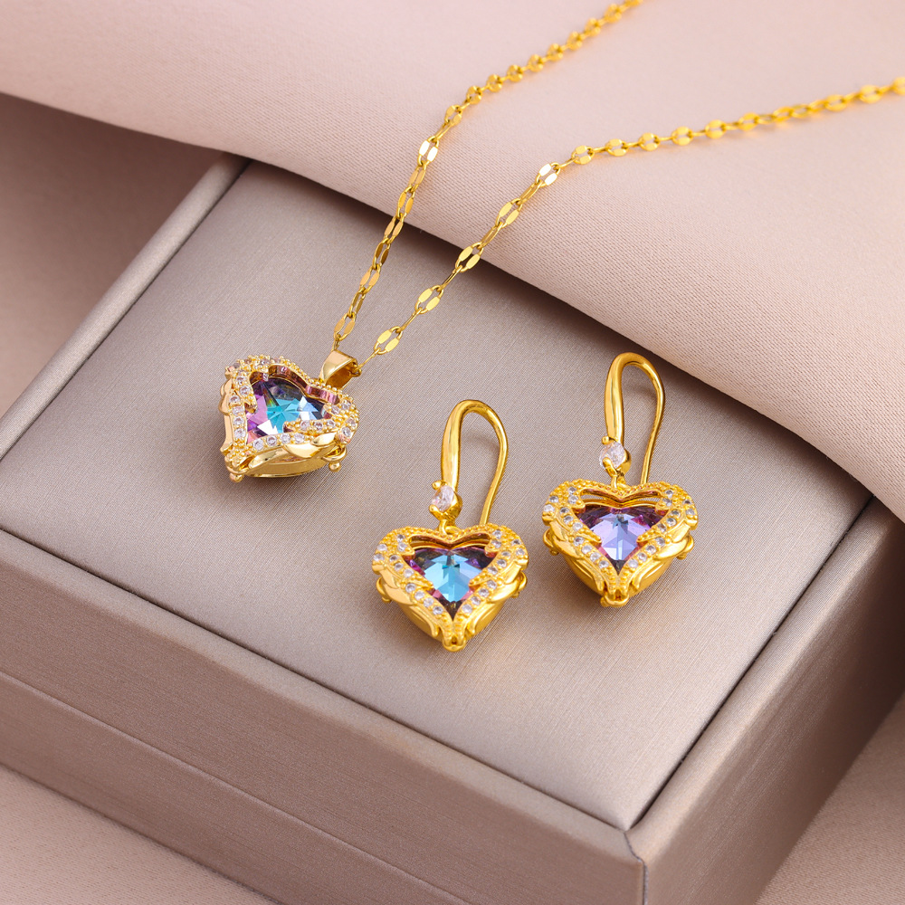 Ensemble de boucles d'oreilles et bague en forme de cœur coloré et populaire, plaqué or K, chaîne de clavicule, accessoires_voghion.com