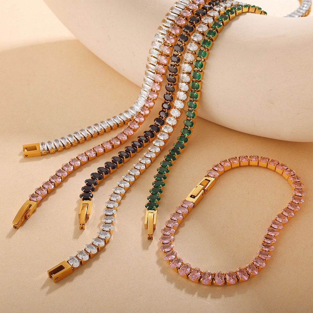 European and American Fashion Titanium Steel Popular Zircon-Inlaid Necklace and Bracelet Set, Light Luxury Fashion Multi-Color Full Diamond Jewelry Set