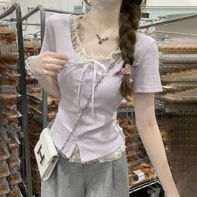 Korean Style Pure Desire Color-Blocking Lace Trim Fake Two-Piece Single-Breasted Design Short-Sleeve T-Shirt for Women Summer Base Top Korean Style Pure Desire Color-Blocking Lace Trim Fake Two-Piece Single-Breasted Design Short-Sleeve T-Shirt for Women Summer Base Top