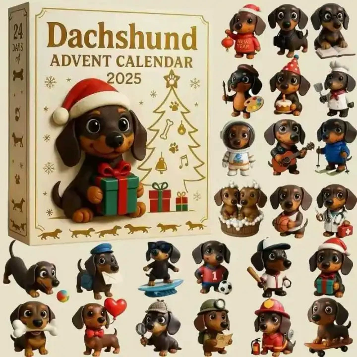 Календарь адвента dachshund 2025, 24 дня, акрил или ПВХ 2D/3D фигурки, подарочная коробка