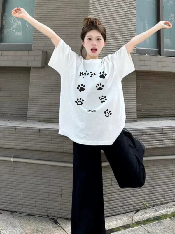 chic韩系可爱风卡通印花黑色短袖t恤女小众设计宽松休闲显瘦上衣|undefined