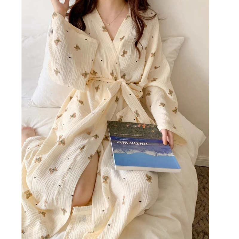 Nightgown Women's Spring and Autumn New Japanese Ins Style Cute Bathrobe All-in-one Bear Long-sleeved Casual Princess Style Home Clothes Nightgown Women's Spring and Autumn New Japanese Ins Style Cute Bathrobe All-in-one Bear Long-sleeved Casual Princess Style Home Clothes