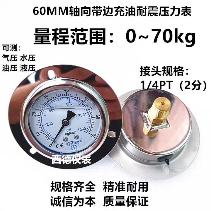 YN-60ZT 60MM轴向带边0-70KG防震压力表 充油耐震压力表 液压表